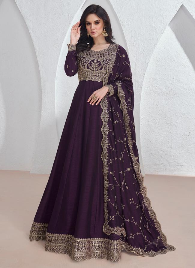 Premium Silk Maroon Party Wear Embroidery Work Readymade Gown